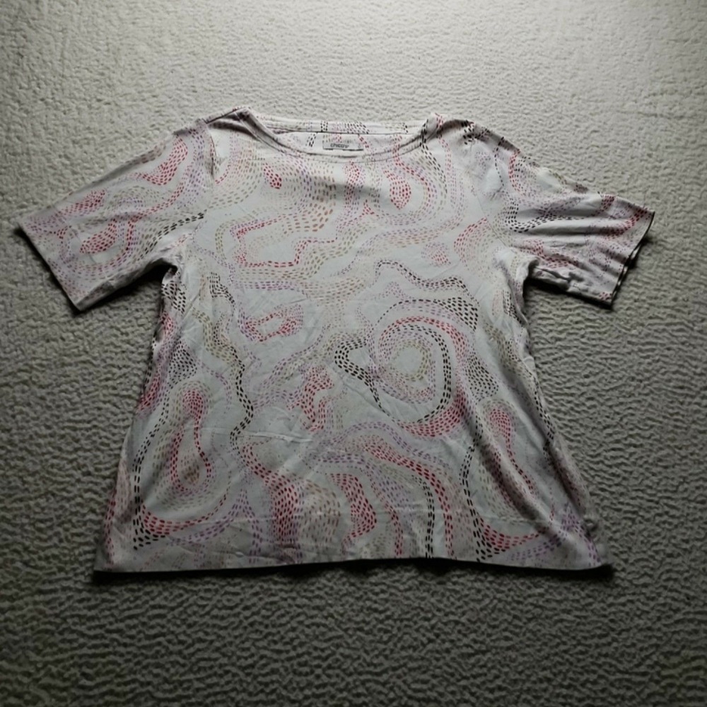 Chico's Shirt Womens XL White Geometric Pima Cotton Short Sleeve Boat Neck Top